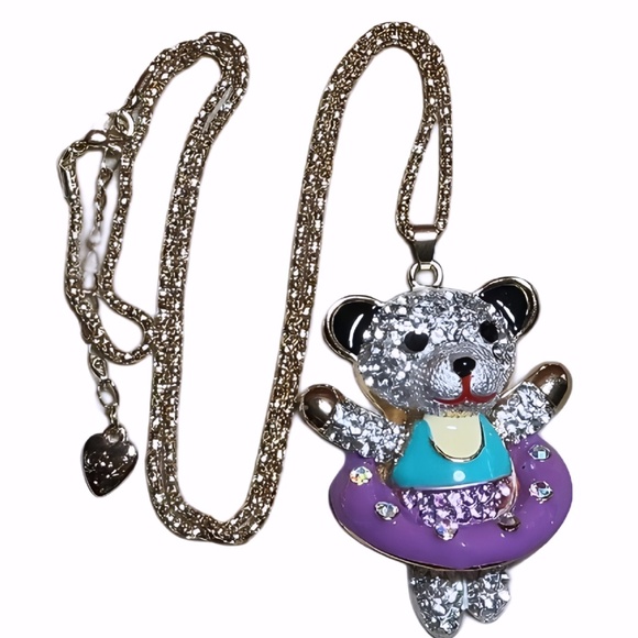 Betsey Johnson Teddy Bear Necklace, Gold Tone, Crystals, Purple Tutu, 28" Chain - Picture 1 of 10